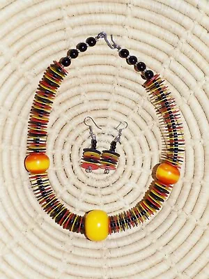 African Resin & Heishi Choker & Earrings Set Jnha8 • $15.97