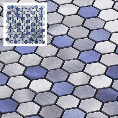 Blue Gray Brushed Aluminum Metallic 1  Hexagon Mosaic Tile Kitchen Backsplash • $3.99