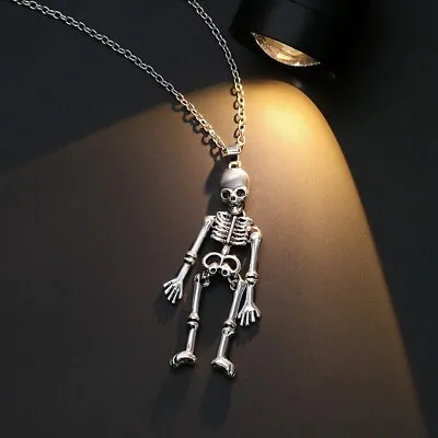 Skeleton Necklace Moveable Limb Steampunk Punk Skull Robot Sweater Chain Silver • $14.98