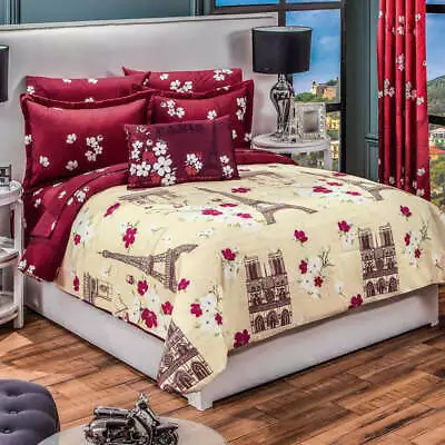 Francesa Beige And Burgundy Floral And Paris Theme Reversible Comforter Set • $134.95