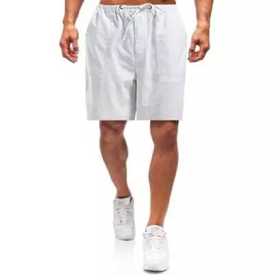 Men Cotton Linen Elastic Waist Shorts Drawstring Summer Beach Casual Short Pants • $16.52