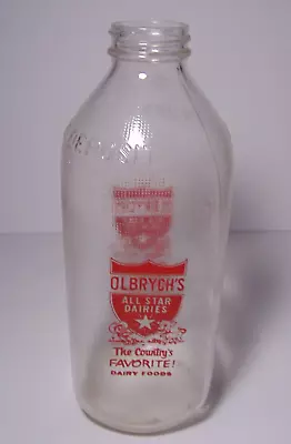 1963 Vtg Olbrych Dairy PYROGLAZE MILK BOTTLE QUART Cowboy Cow Amsterdam New York • $24.49