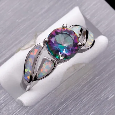 8mm Round Rainbow Mystic Topaz White Fire Opal Silver Jewelry Ring Size 7 8 9 10 • $4.99