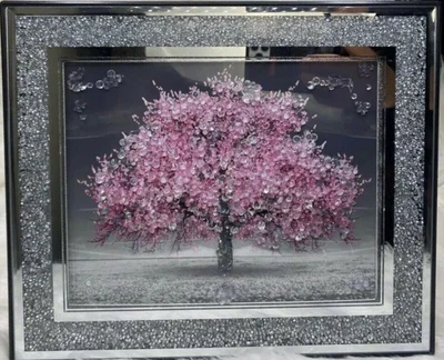 £34.99 • Buy BLOSSOM TREE PICTURE CRUSHED DIAMOND HEART PINK CRYSTAL LIQUID ART WALL 55x45cms