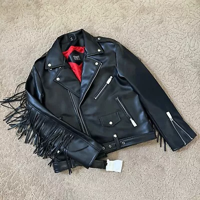 Straight To Hell Vegan Commando Fringe Faux Leather Biker Jacket Men's Size 42 • $140