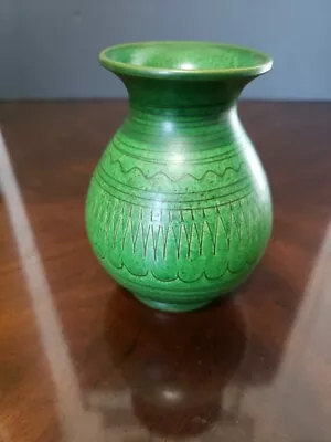 Vtg WILHELM KAGEL Green Sgraffito WGP West German Vase Pot W Sticker Mid Century • $24.99