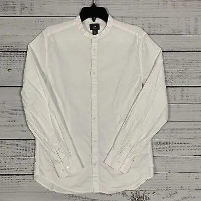 H&M Mens Button Up Shirt M Medium Slim Fit Long Sleeve White Banded Collar • $13.59