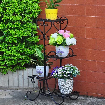 4 Tiers Metal Flower Pot Plant Stand Shelf Display Garden Decor Rack Indoor Home • £15.94