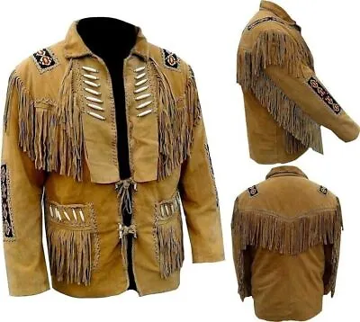 Mens Native American Cowboy Leather Brown Western Suede Fringe & Beads Jacket • $114.99