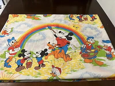 Vintage Wansutta 1970's Disney Mickey Painting Rainbows Top Flat Twin Bed Sheet • $24.99