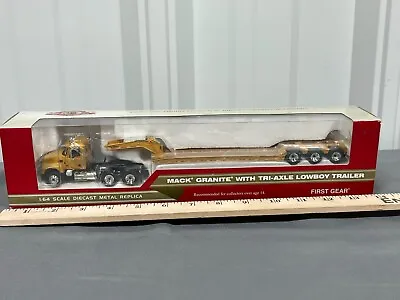 Mack Granite Truck W/ Tri-Axle Lowboy Trailer First Gear 1:64 NIB 60-0167 YELLOW • $122