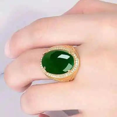 1pc Oval Green Jade Gemstone Ring For Men's With Diamond 18K Yellow Gold Over • $199.99