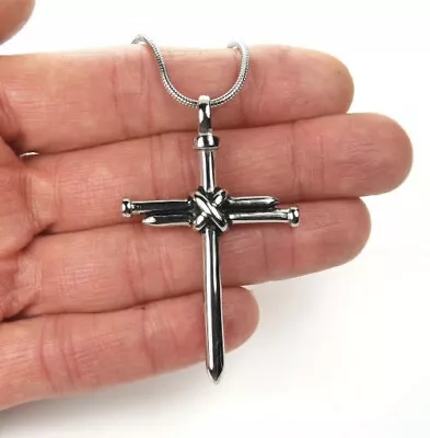 Silver Nails Cross Crucifix Pendant On Silver Snake Necklace Chain!! • $9