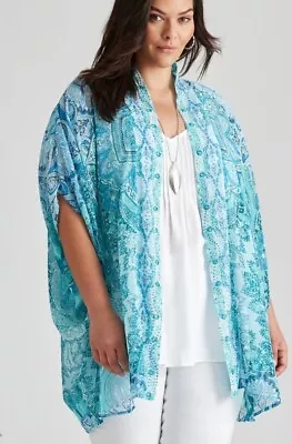 Autograph Kimono Plus Size L XL 24 26 3/4 Sleeve Beaded Cover-Up Blue Green NEW • $41.99