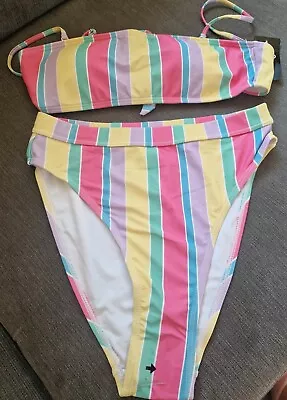 Brand New Ladies Rainbow Stripe High Wasted Bikini Set Quiz Size 12  • £5