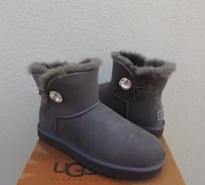 Ugg Gray Mini Bailey Button Bling Suede/ Sheepskin Boots Women Us 6/ Eur 37 New • $139.95