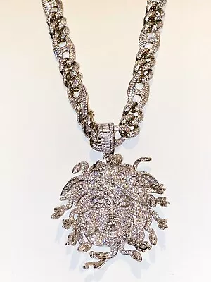 Men 14k White Gold Fill Stamp Medusa Miami Cuben Chain Pendant Lifetime Warranty • $202.08