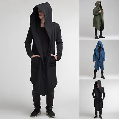 Men Solid Hoodie Long Jacket Cardigan Casual Trench Cloak Cape Coat Outwear -UK • $12.43