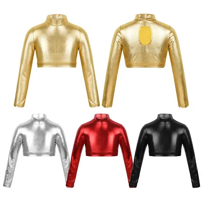 UK Girls Kids Metallic Dance Top Ballet Gym Leotard Sports Long Sleeve Crop Tops • £6.62