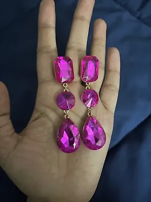 Clip On Hot Pink Earrings Fuchsia Long Dangle Drop Pageant Rhinestone Crystal 3” • $16
