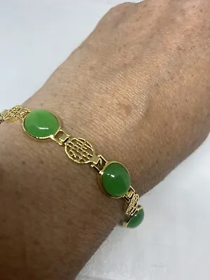 Vintage Green Jade Golden Bracelet 6.75 Inches • $52