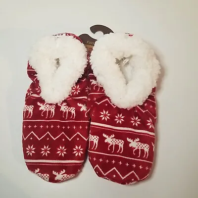 Lazy One Nordic Moose Christmas Fuzzy Feet Slippers Size L - XL Red Sz 7-9 • $35.97