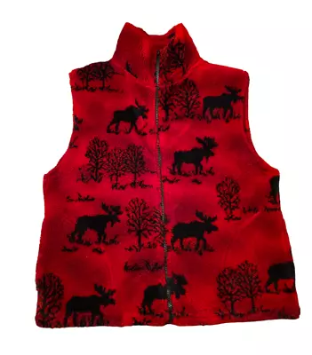 Vtg Black Mountain Outdoor Womens Plush Fleece Vest Moose Trees Red Black Size M • $24.94