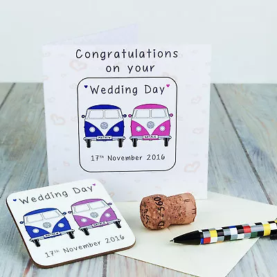 Personalised Coaster Card - VW Campervan Wedding Day - Named Gift • £6.85