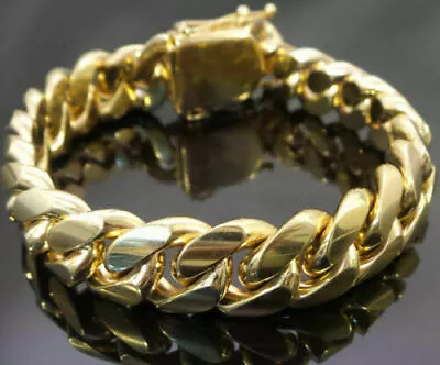 $19.94 • Buy Mens Miami Cuban Link Chain Bracelet Solid 14k Gold Plated Stainless Steel 