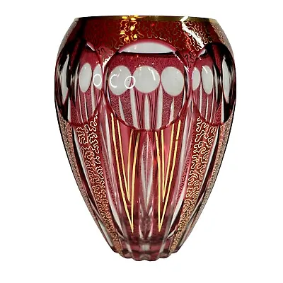 Bohemian Moser Cabochon CUT ART GLASS CRANBERRY 7.5” Gold Czech Circa 1900 • $250