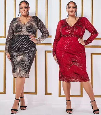£64.99 • Buy Goddiva Starburst Sequin Long Sleeve Formal Evening Cocktail Dress Prom Party