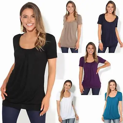 Womens Ladies Pleated T Shirt Long Blouse Loose Jersey Top Plain Tunic Plus 8-20 • $9.67