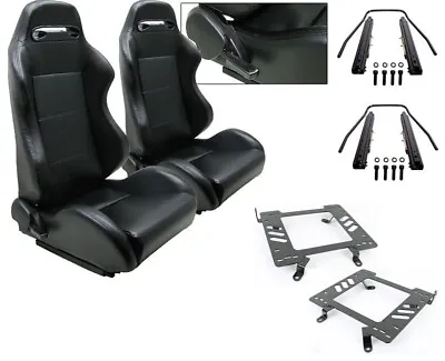 Pair Black Pvc Leather Racing Seats + Brackets + Slider For 92-99 Bmw E36 Coupe • $409.20