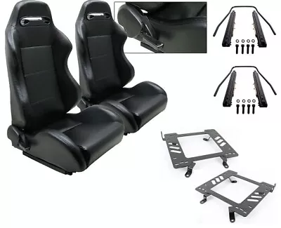 Pair Black Pvc Leather Racing Seats + Brackets + Slider For 93-98 Mk3 Golf Jetta • $427.80