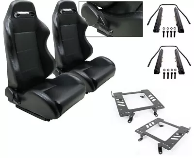 Pair Black Pvc Leather Racing Seats + Brackets + Sliders For 1999-2004 Mustang • $423.14