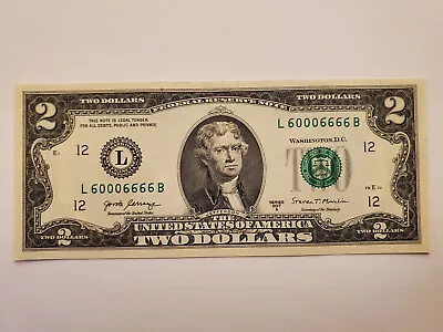 $2 Binary Note Fancy Serial Number Two Dollar Bill L60006666B Five 6s & Three 0s • $32