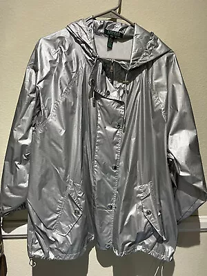 Ralph Lauren Silver Foil Metallic Full Zip Windbreaker Hooded Jacket Women's 3X • $37