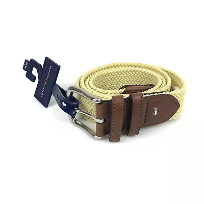 New Tommy Hilfiger Yellow Stretch Braided Belt Brown Leather Trim Golf L 38-40 • $12