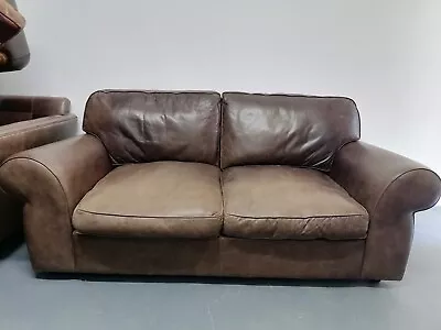 Vintage Laura Ashley Brown Leather Large Two Seater Sofa Delivery Possible  • £295