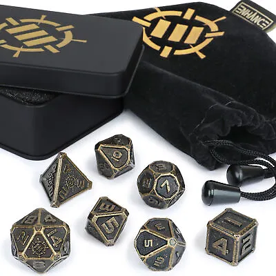 ENHANCE DnD Metal Dice Set - 7pc Polyhedral Dice With Storage Case And Dice Bag • $24.99