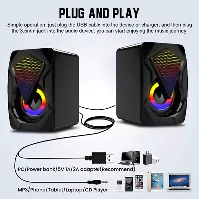 Computer Speakers USB Wired LED Subwoofer High Bass Stereo For Laptop PC Desktop • £11.99