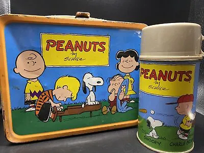 Vintage 1959 Peanuts Metal Lunch Box & Glass Thermos Charlie Brown Cool Lunchbox • $74.99