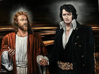 Jesus Christ And Elvis Presley In Heaven Black Velvet Oil Painting Art • $580