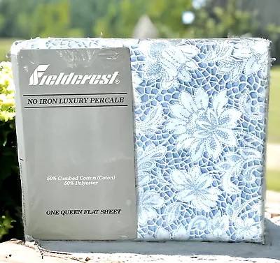 Fieldcrest CHANTILLY Luxury Percale QUEEN FLAT SHEET Blue Floral No Iron Vintage • $19