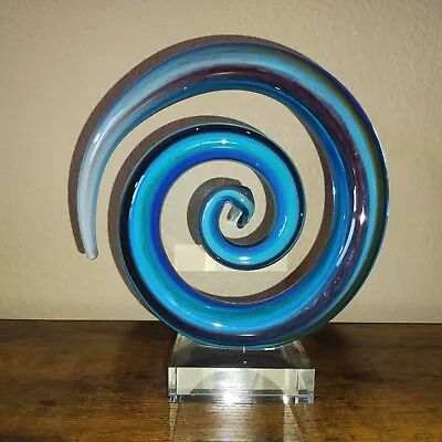 Murano Glassware Hand Blown Art Glass Swirl Circular Abstract Sculpture Blue • $30