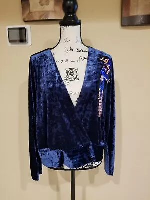 ZARA Woman Top Women's Blue Velvet Wrap Sequin Beaded Bird Size  M • $38