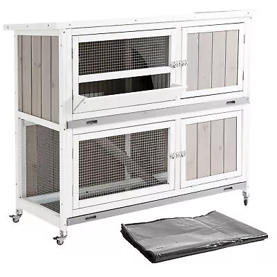 PawHut Two-Tier Wooden Rabbit Hutch W/ Wheels Trough Rain Cover Tray - Grey • £151.99