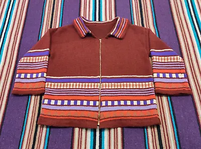 Vtg 60's Cowichan Western Cardigan Knit Sweater Talon Full Zip Handmade Size XL • $119.99