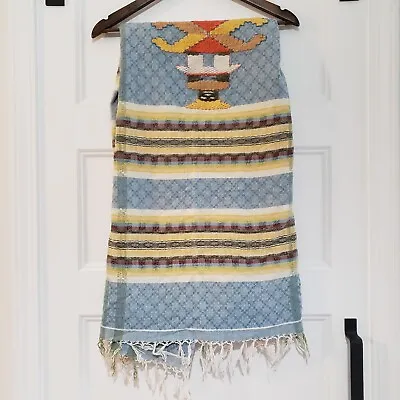 Aztec Mexican Fringed Throw Blanket Tapestry 47x46 Inch Cotton Striped Stitched • $25