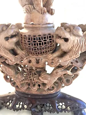 Vintage Hand Carved Soapstone/Steatite Incense Burner Foo Dogs/Lions China 9  • $124